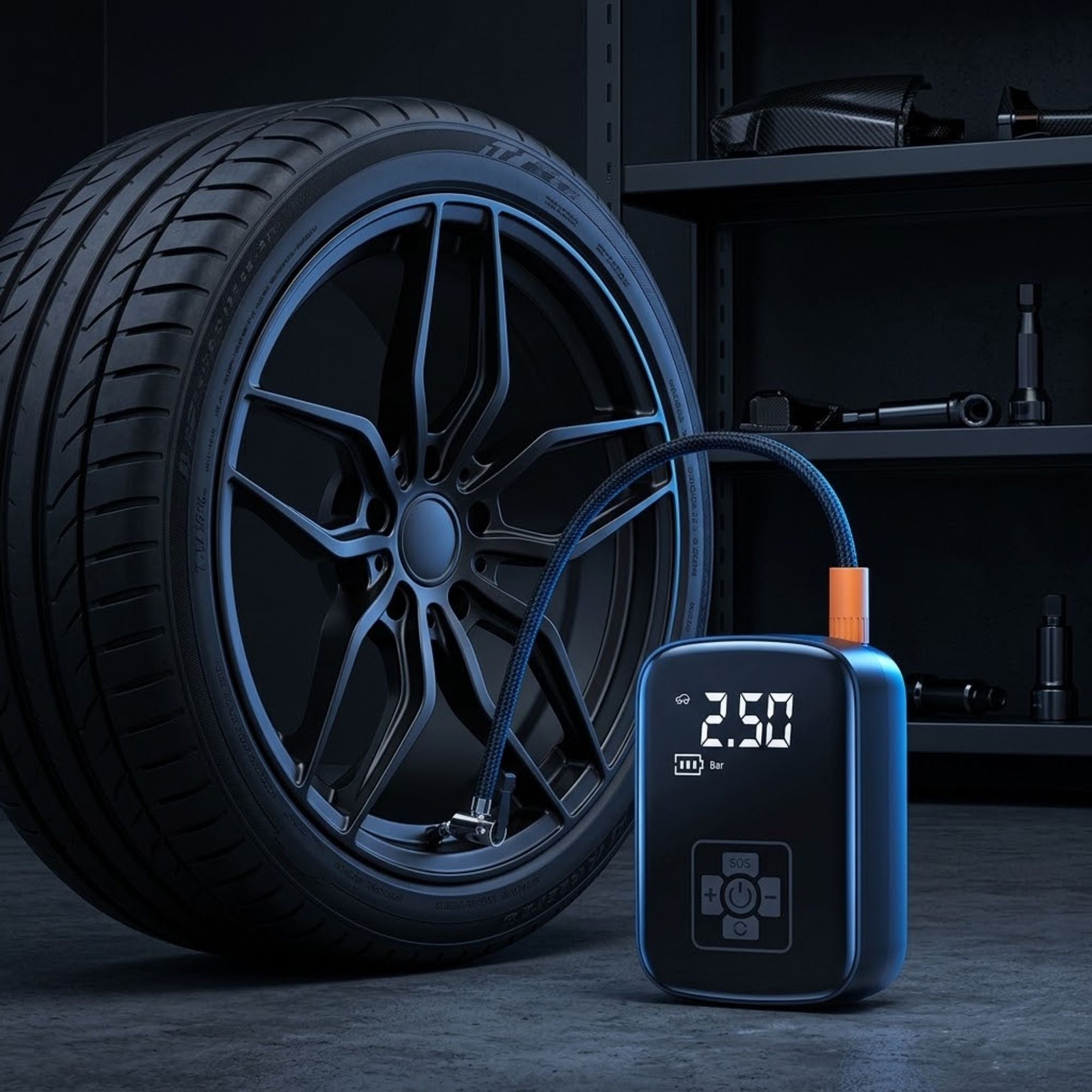 A blue and black digital tire inflator with a hose connected to a black car wheel, set against a dark garage background with shelves and tools.