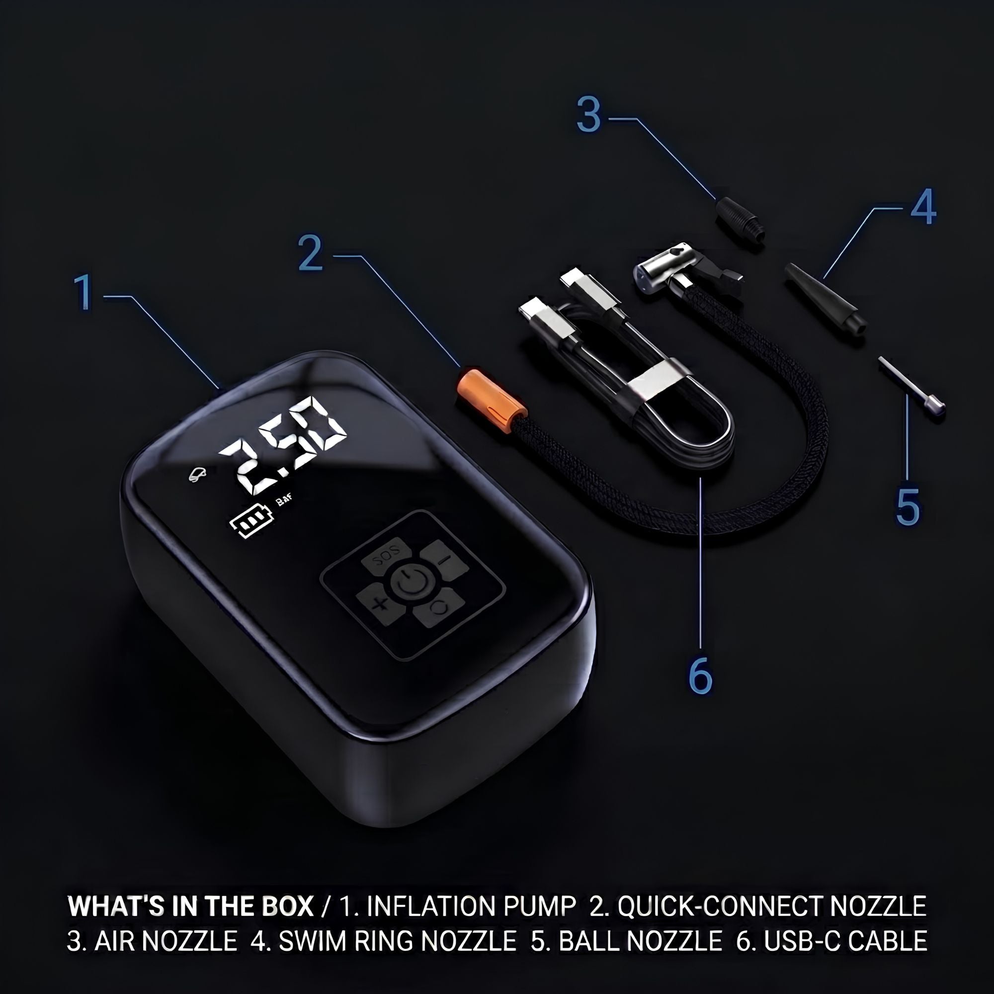 An inflatable swim ring nozzle kit shown on a black background with numbered callouts and a text overlay listing included items: an inflation pump, quick-connect nozzle, air nozzle, swim ring nozzle, ball nozzle, and USB-C cable.