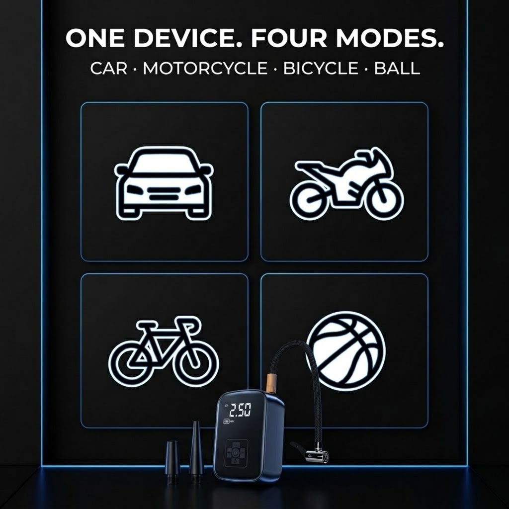 A portable tire pump shown in a promotional graphic with the text 'ONE DEVICE. FOUR MODES.