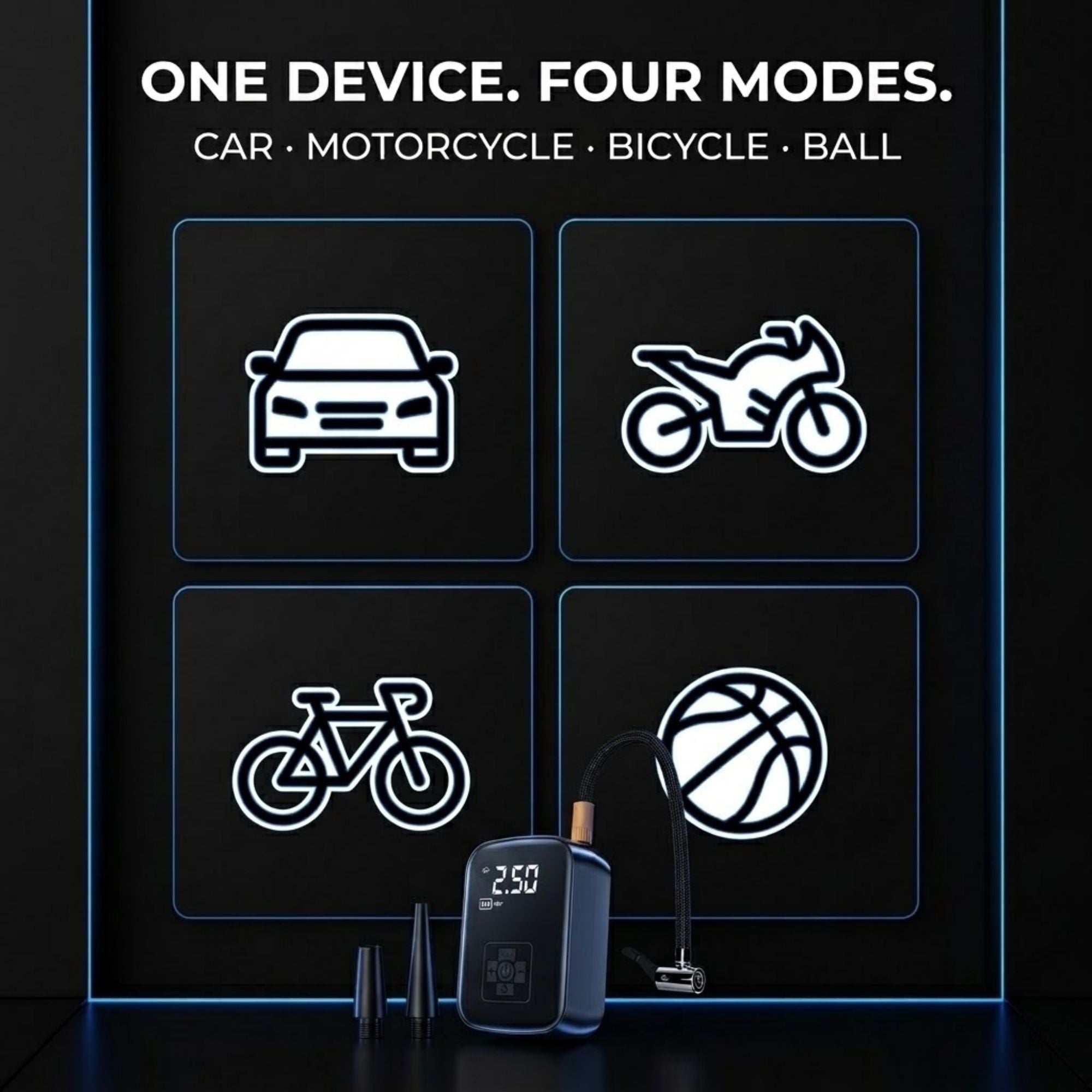 A portable tire pump shown in a promotional graphic with the text 'ONE DEVICE. FOUR MODES.