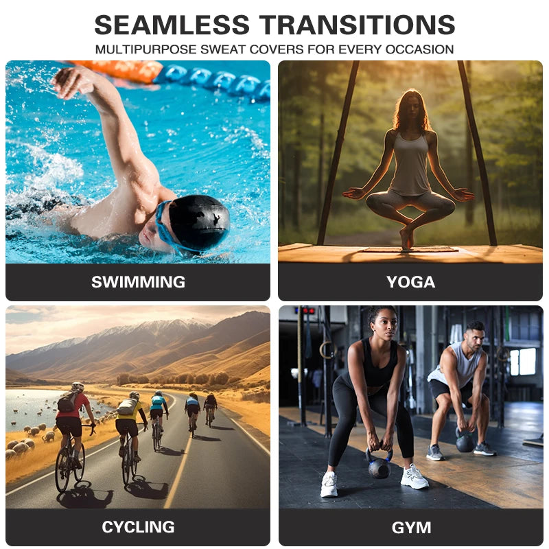 Four panel grid showing physical activities including swimming, yoga, cycling, and gym workouts to demonstrate active use cases for the seat cover.