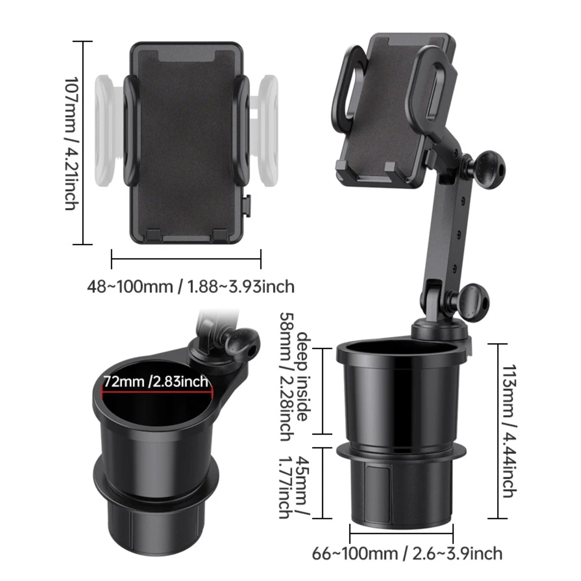 Detailed technical dimensions of the adjustable car cup holder and phone mount, highlighting the height, width, and expandable base measurements in both millimetres and inches.