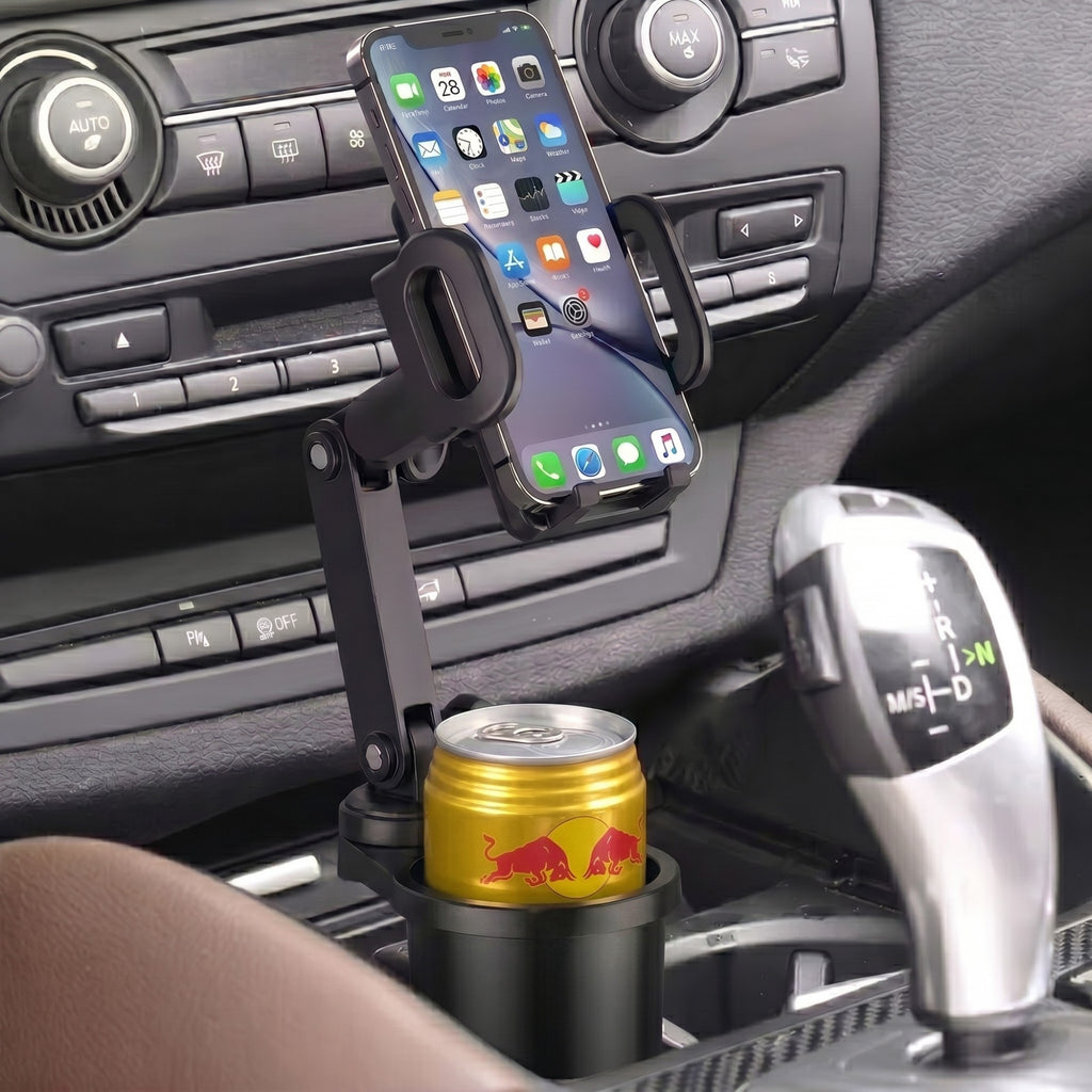 Adjustable car cup holder expander and phone mount installed in a vehicle centre console, securely holding a smartphone and a beverage can simultaneously.