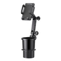Black adjustable car cup holder expander and 360-degree rotating smartphone mount isolated on a clean white background.