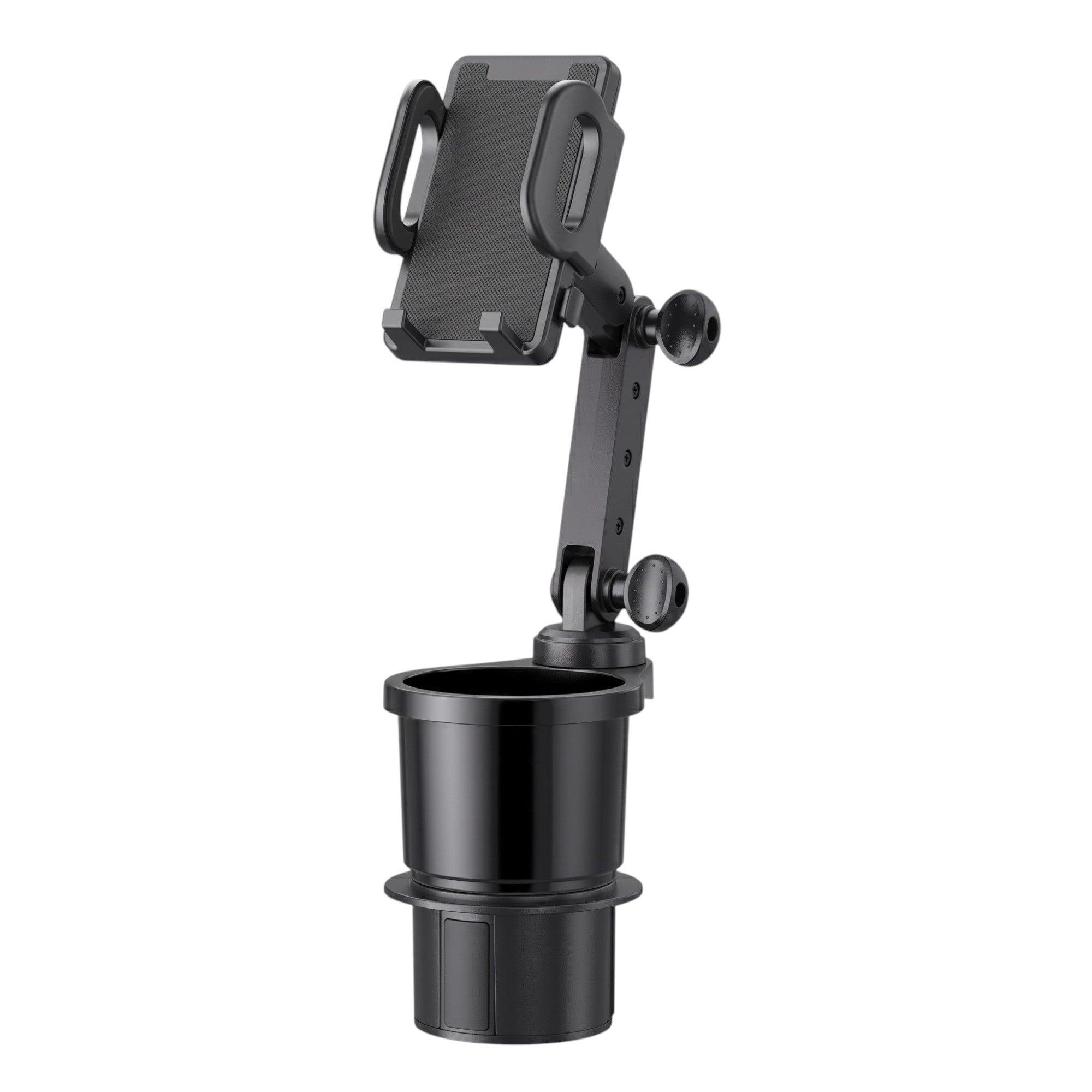 Black adjustable car cup holder expander and 360-degree rotating smartphone mount isolated on a clean white background.
