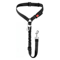 Black adjustable dog car seat belt and elastic bungee safety tether featuring a metal harness clip and buckle on a white background.