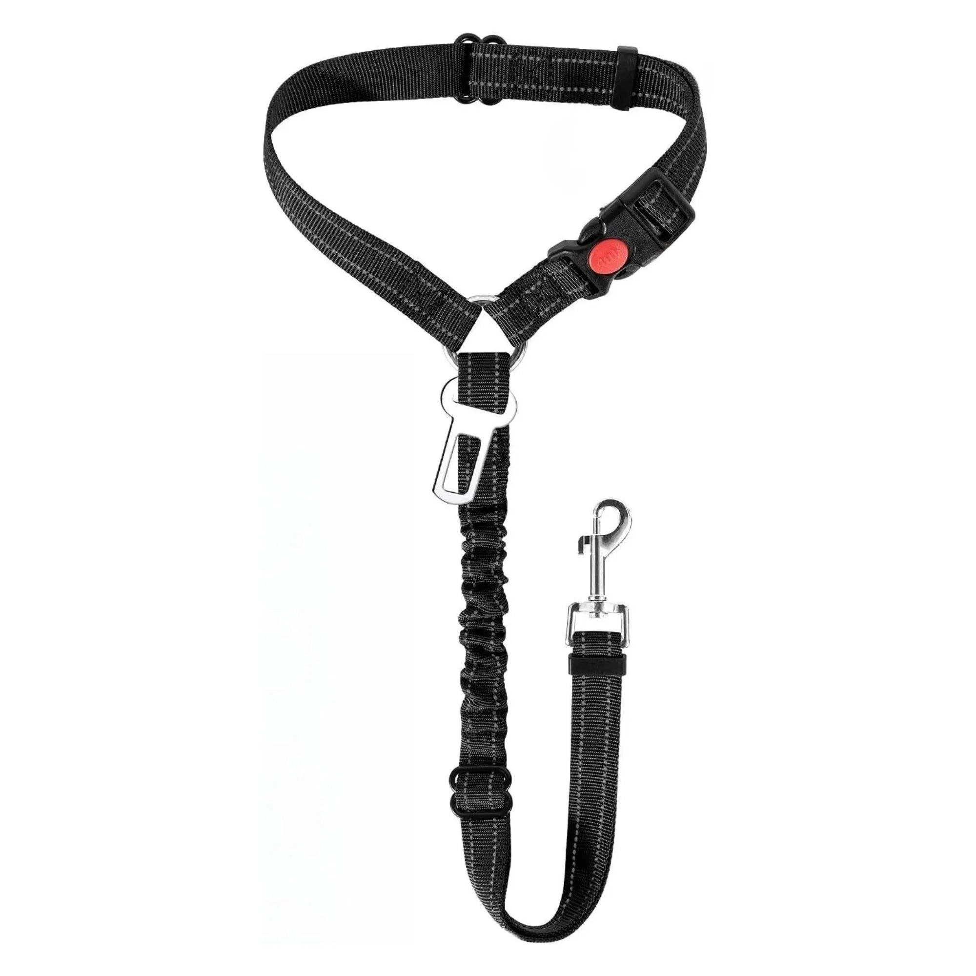 Black nylon adjustable dog car seatbelt tether with bungee cord and clip, product-only shot on white background