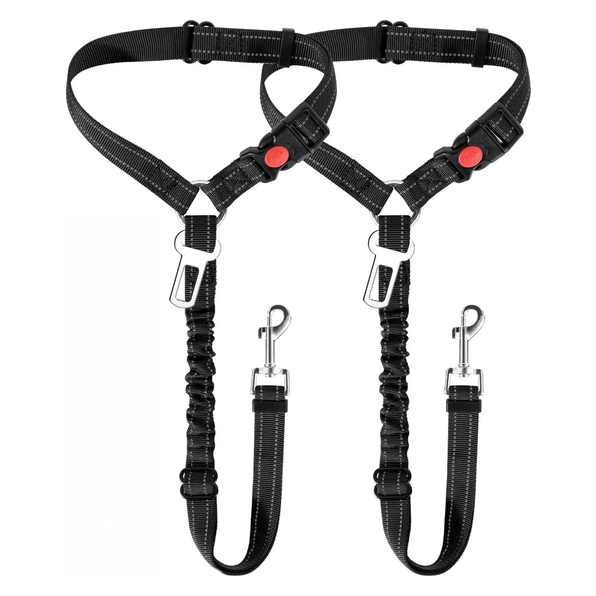 Two-pack variant of the black adjustable dog car seat belt and elastic bungee safety tether.