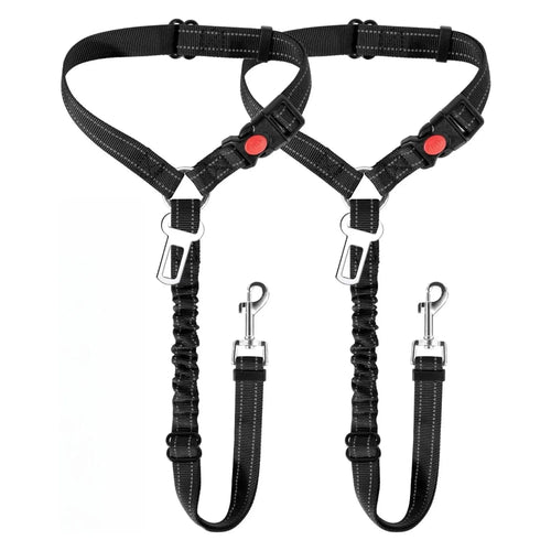 Two-pack variant of the black adjustable dog car seat belt and elastic bungee safety tether.