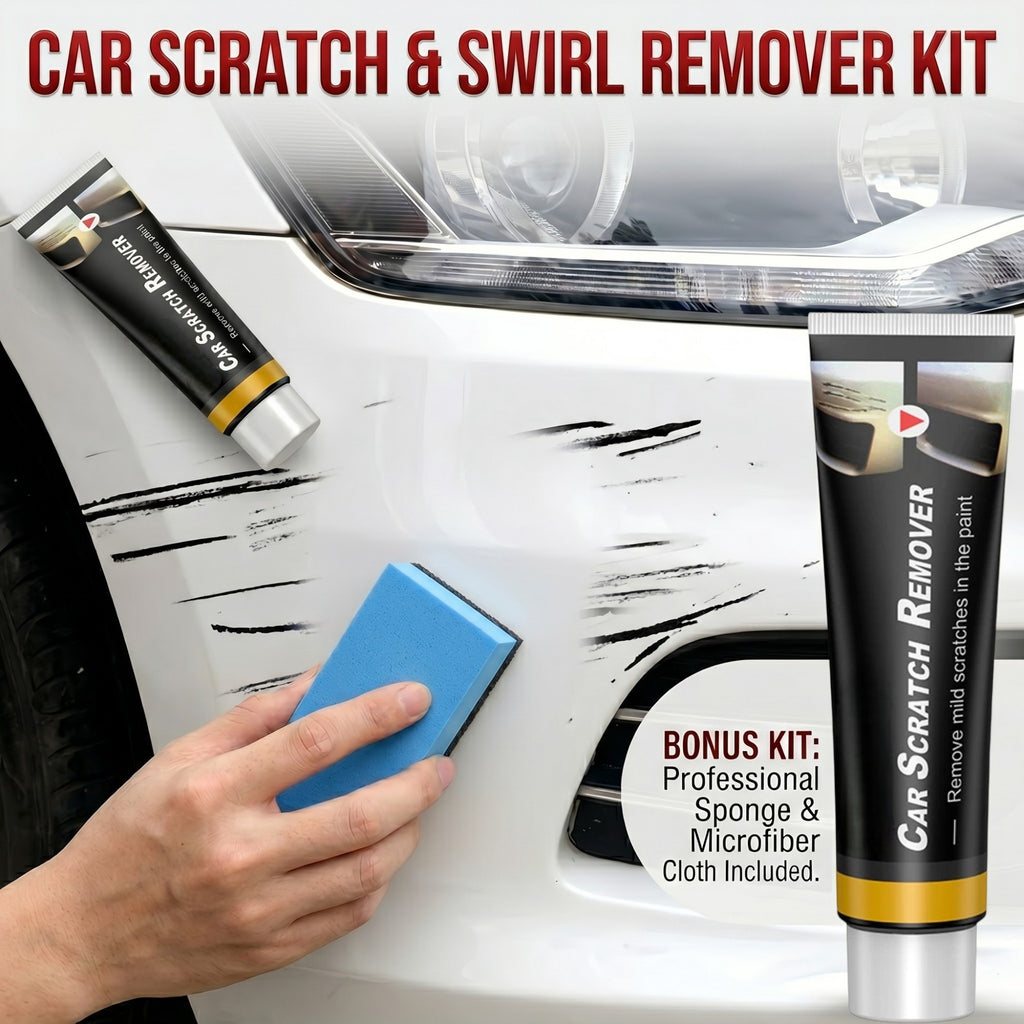 A person applying the advanced car scratch and swirl remover to a white vehicle bumper using a blue application sponge, effectively restoring the damaged paint to a pristine shine.