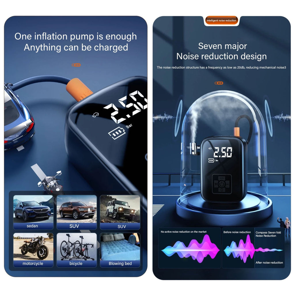 Graphic demonstrating the wireless inflator's compatibility with various vehicle types alongside a visual representation of its internal noise reduction design.