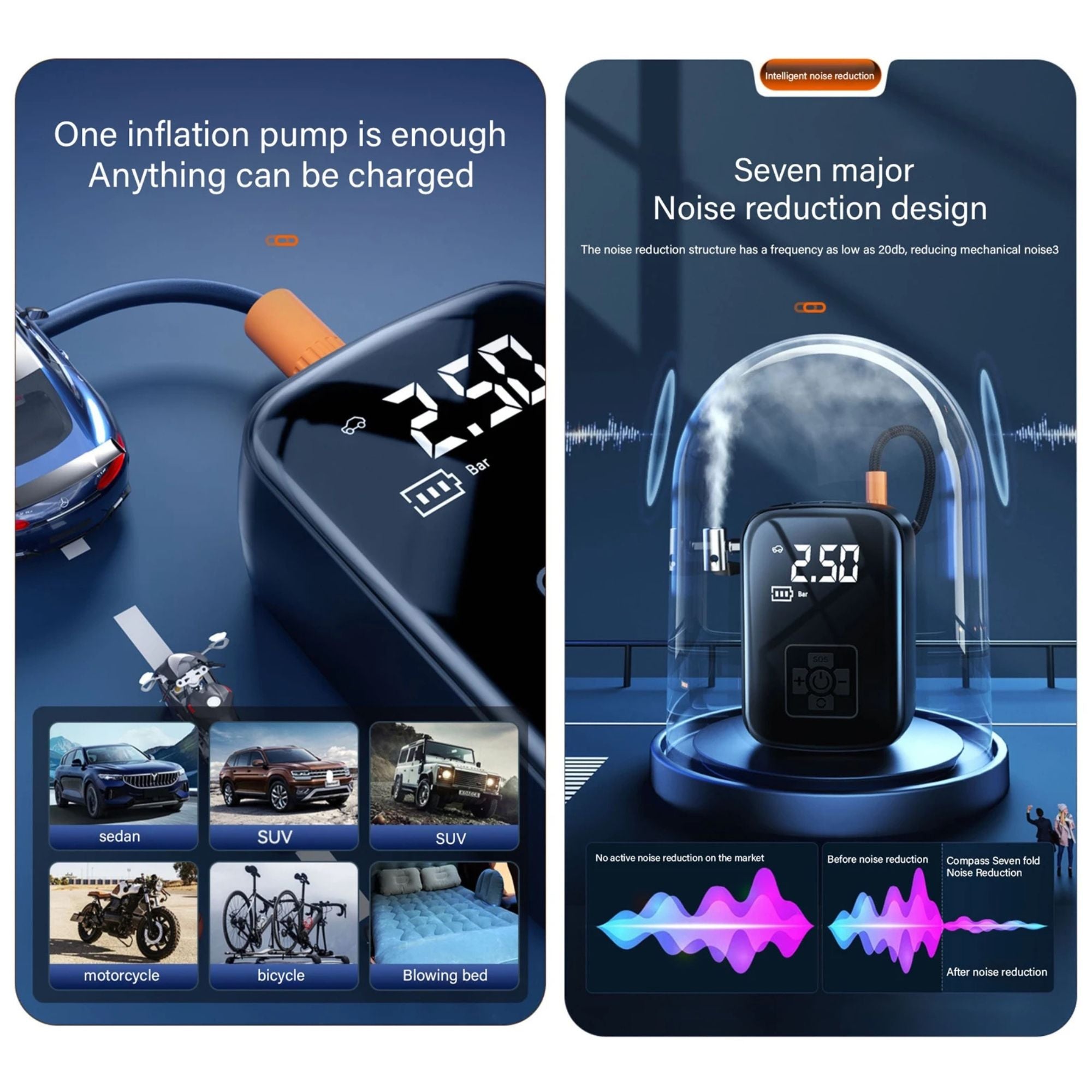 Graphic demonstrating the wireless inflator's compatibility with various vehicle types alongside a visual representation of its internal noise reduction design.
