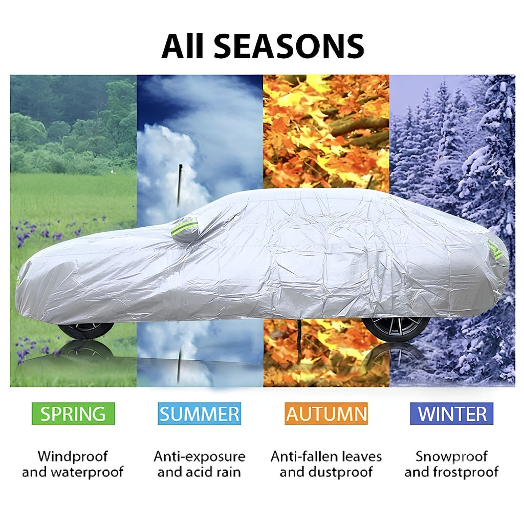 Universal Outdoor Car Cover all-season protection infographic showing windproof, waterproof, anti-acid rain, dustproof and snowproof performance across spring, summer, autumn and winter