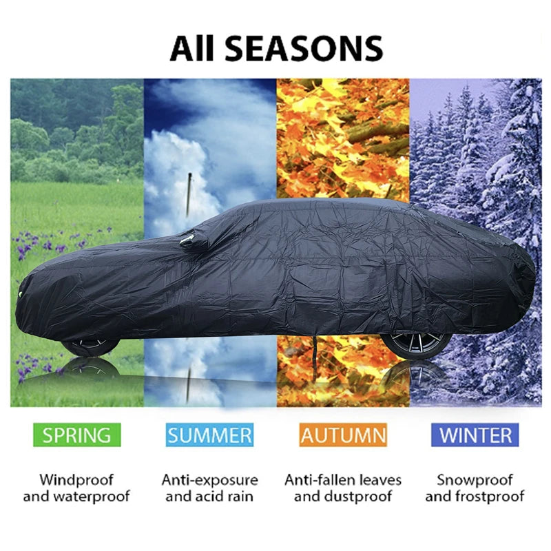 A graphic illustrating the full car cover's multi-season protection capabilities, designed to withstand spring wind, summer sun, autumn leaves, and winter snow.