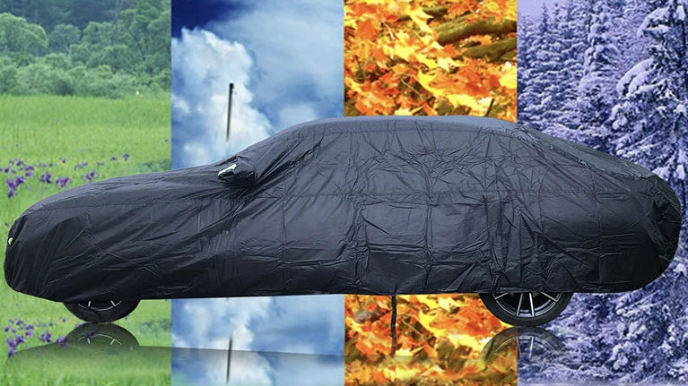 Car cover with all-season protection features displayed against seasonal backgrounds.