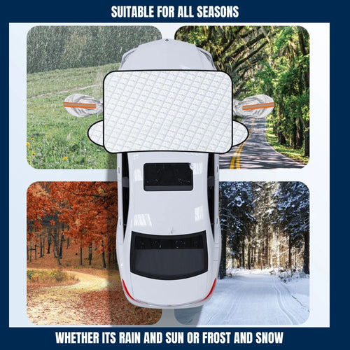 A top-down view of a car with a windscreen cover installed, illustrating its multi-season protection capabilities against rain, sun, frost, and snow.