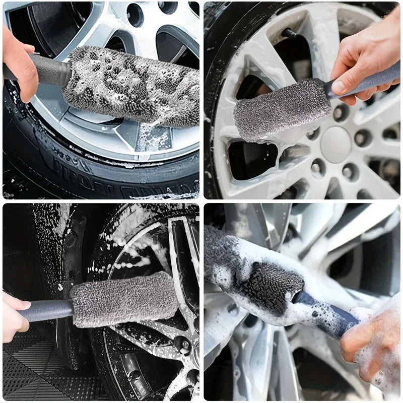 Four panel grid demonstrating the wheel cleaning brush agitating dirt and soap suds on vehicle alloy rims and spokes.