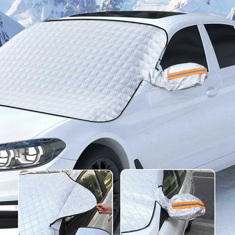 A demonstration of the car windscreen cover's anti-theft design, showing the side wing extensions secured firmly inside closed vehicle doors.