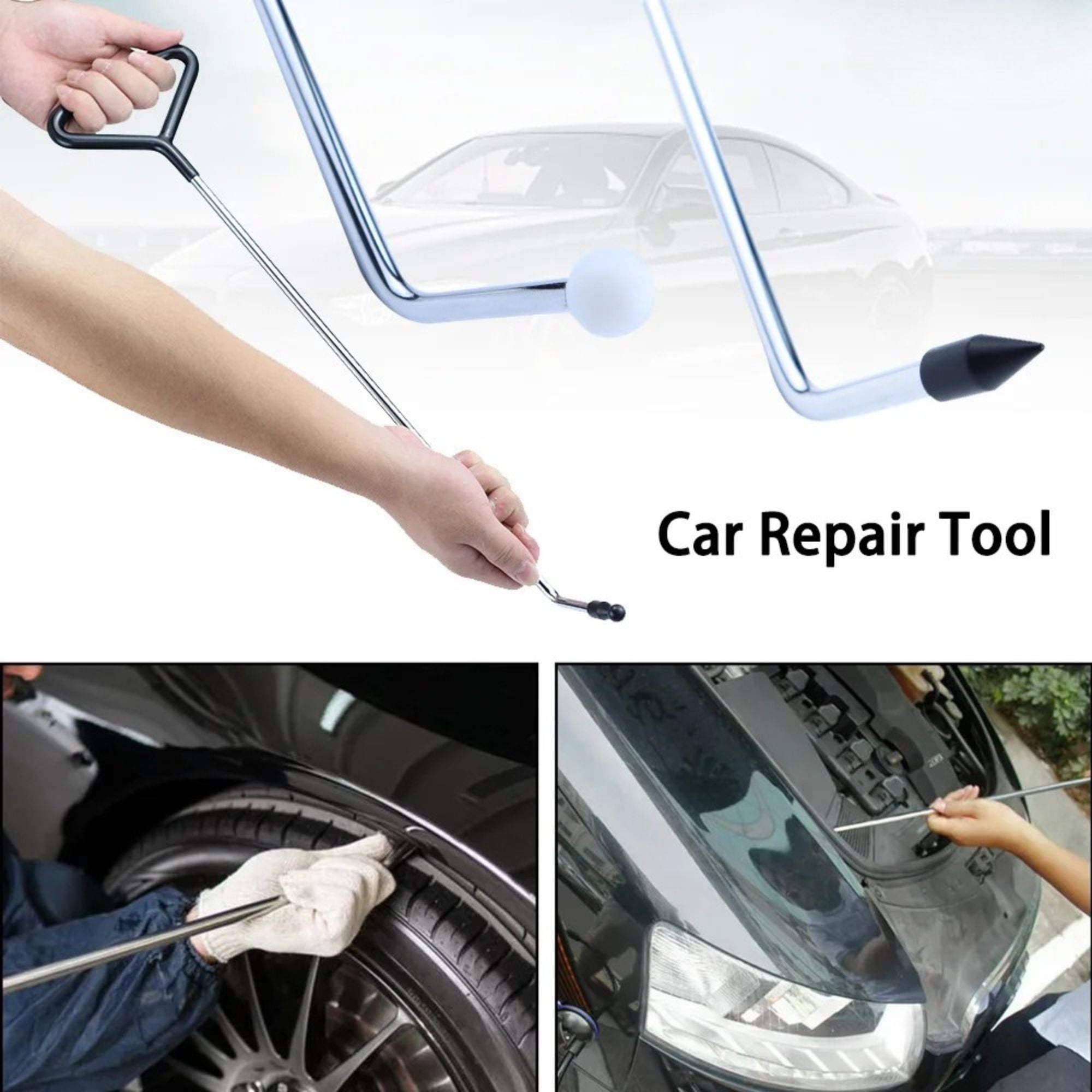 Automotive dent repair rod being used to access confined areas from behind a vehicle wheel arch and under the engine bonnet.