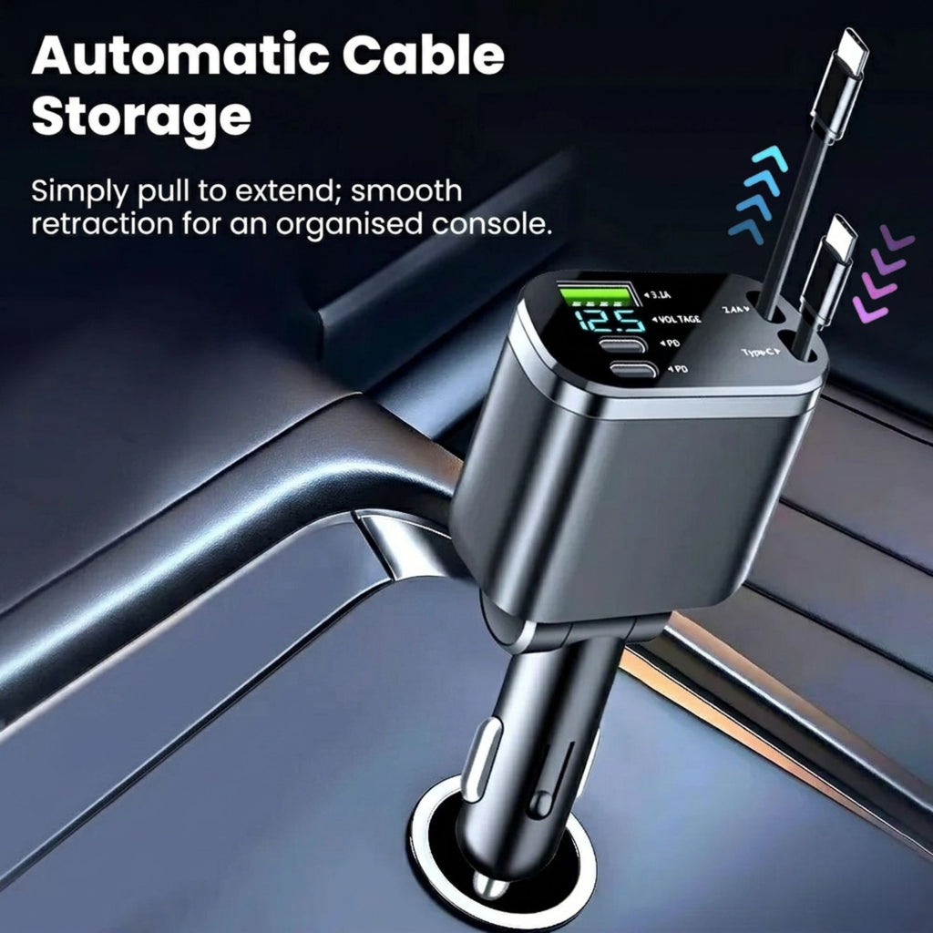 Retractable car charger plugged into a vehicle console demonstrating automatic cable storage with blue and purple directional arrows.