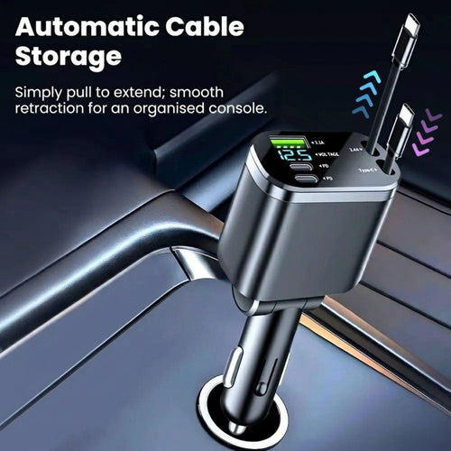 Retractable car charger plugged into a vehicle console demonstrating automatic cable storage with blue and purple directional arrows.