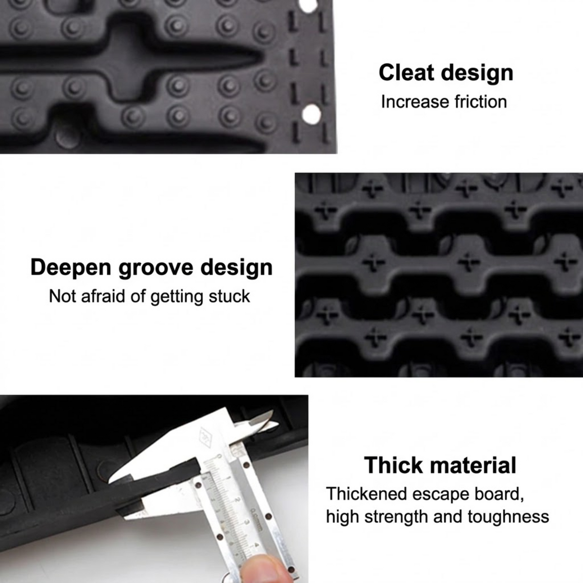 Close-up details of Heavy-Duty Recovery Tracks showing cleat design, deep groove pattern and a calliper measuring the board thickness