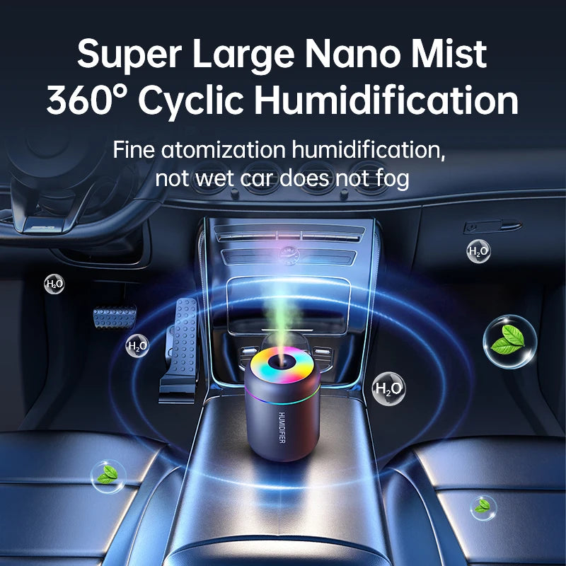 Stealth black automotive humidifier positioned in a vehicle centre console, demonstrating the continuous 40 millilitre per hour mist discharge.