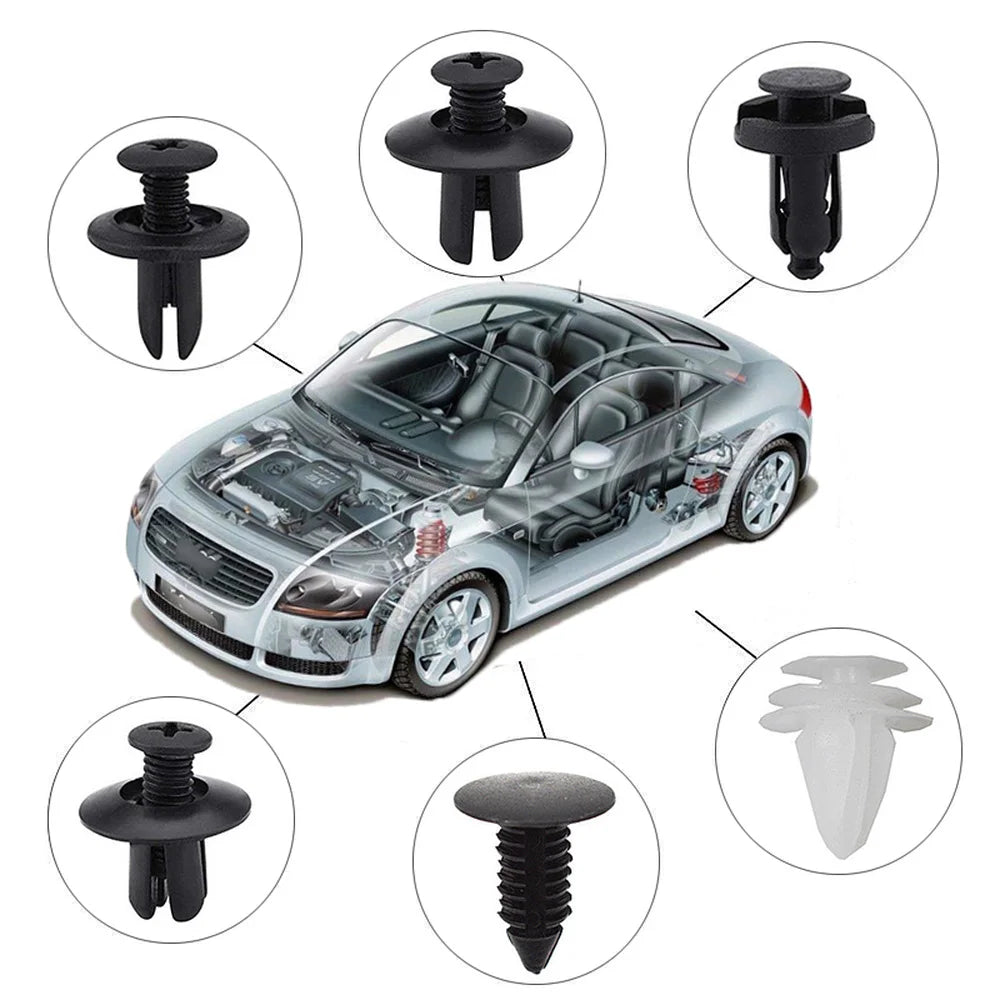 Diagram of a transparent vehicle highlighting common application areas for automotive push retainer clips, including bumpers, doors, and side skirts.