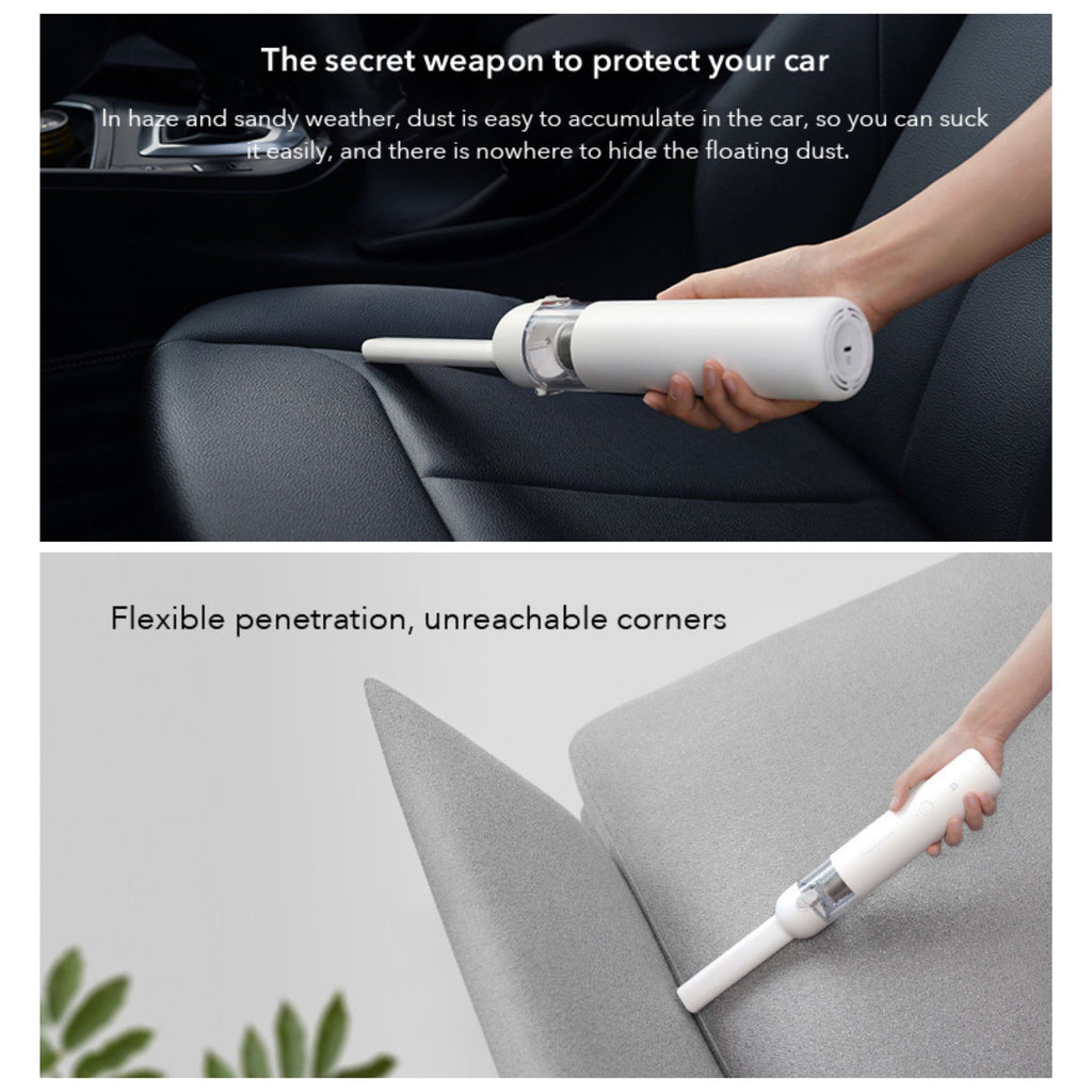 Stacked demonstration showing the portable handheld vacuum cleaner extracting dirt from a vehicle car seat and navigating a tight upholstery crevice.