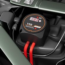 Dual Battery Isolator Kit VSR with digital voltage display installed in a vehicle engine bay with red cables