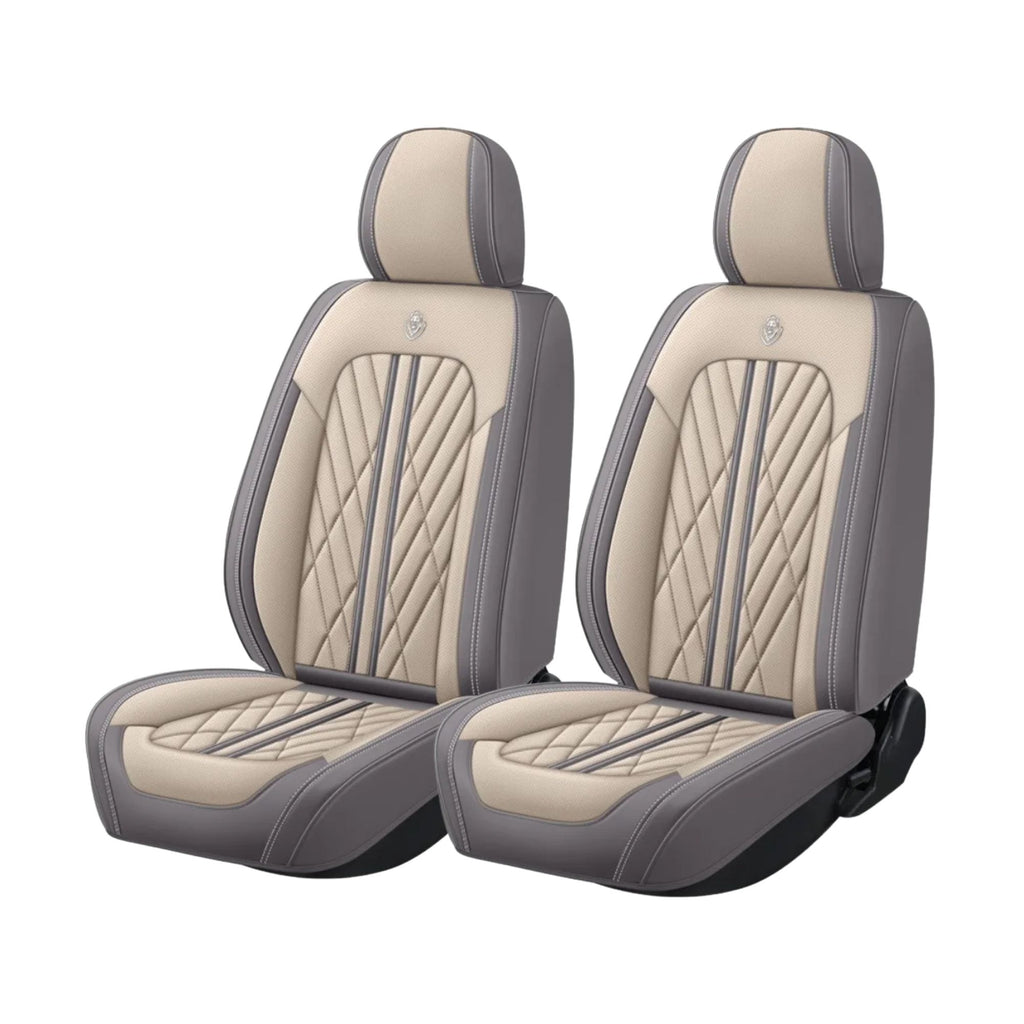 Beige and grey Nappa-feel leather Universal Leather Seat Cover shown as front pair on white background with contrast stitching
