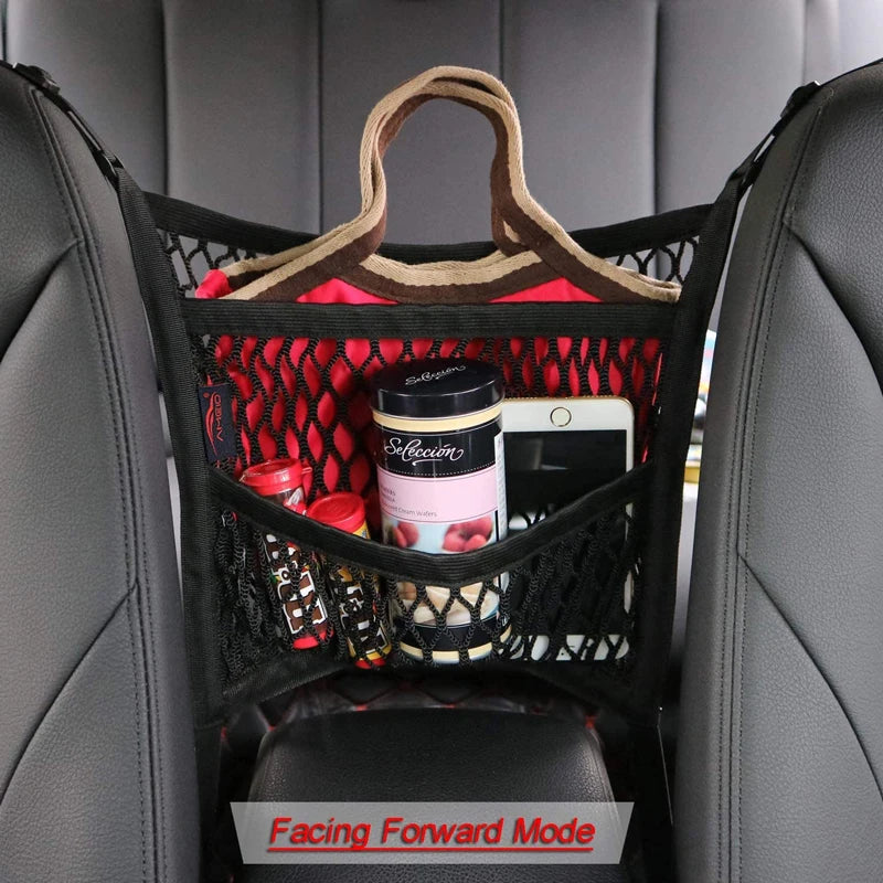 Car seat back organizer with items inside, facing forward.