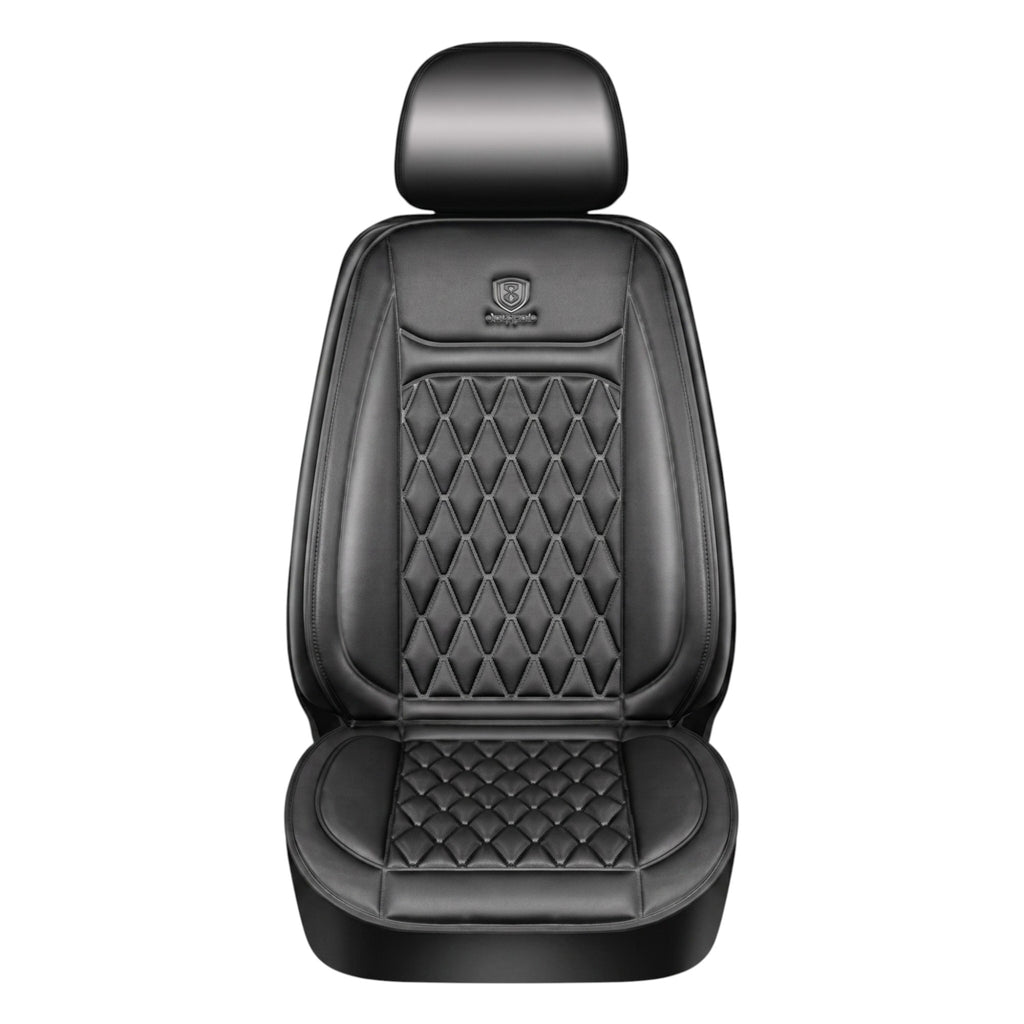 A single black quilted flannel heated car seat cover and winter protector cushion isolated on a pure white background.