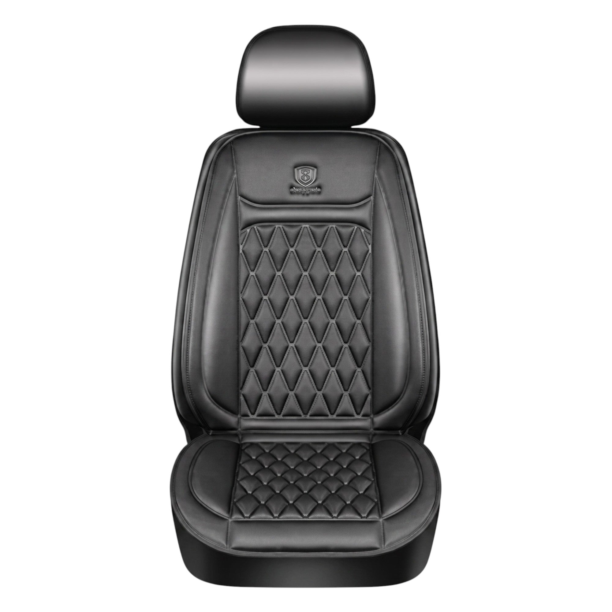 A single black quilted flannel heated car seat cover and winter protector cushion isolated on a pure white background.