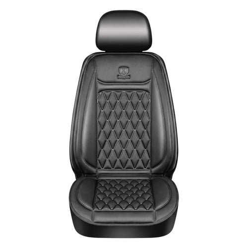 A single black quilted flannel heated car seat cover and winter protector cushion isolated on a pure white background.
