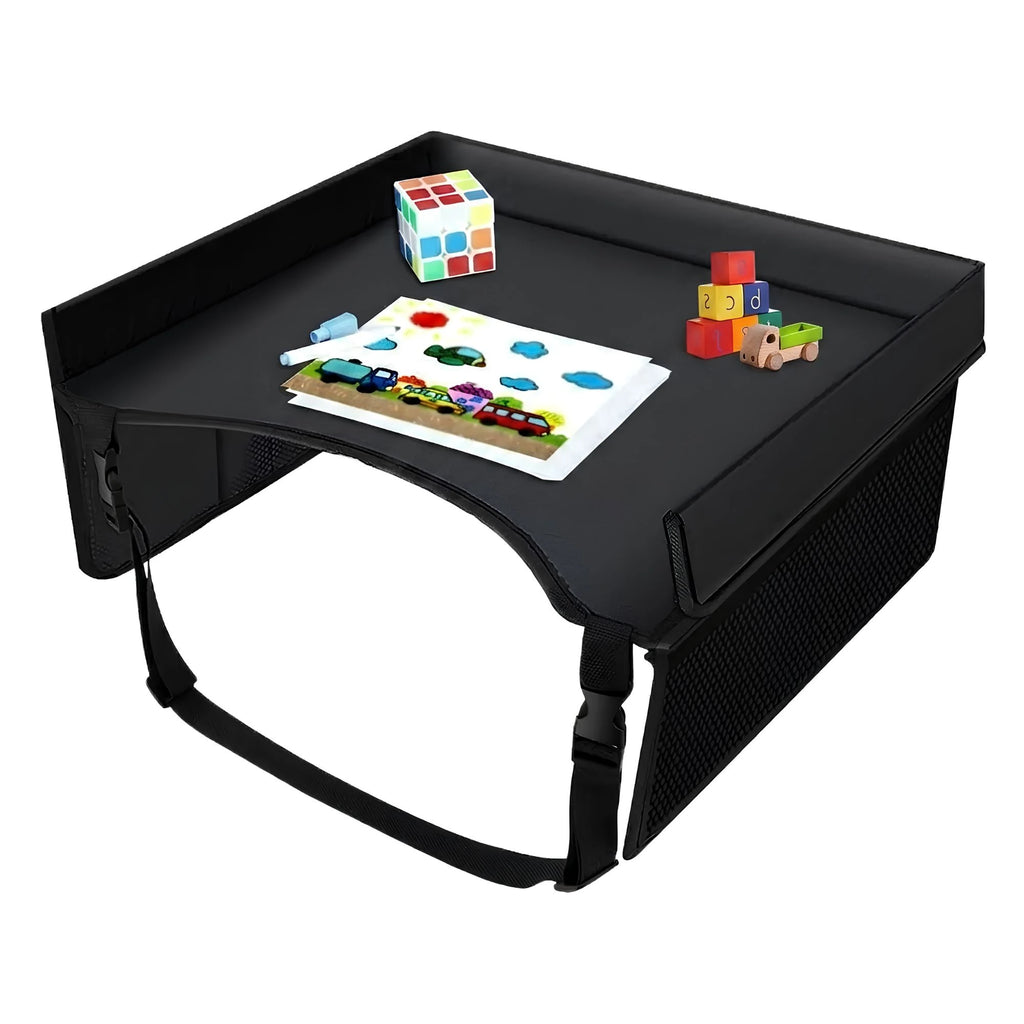 Black kids travel tray holding a rubik's cube, stacking blocks and a colouring page for car trips