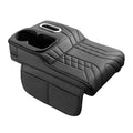 Black multifunctional car armrest cushion protector with built-in drink holder and tissue slot on a white background.