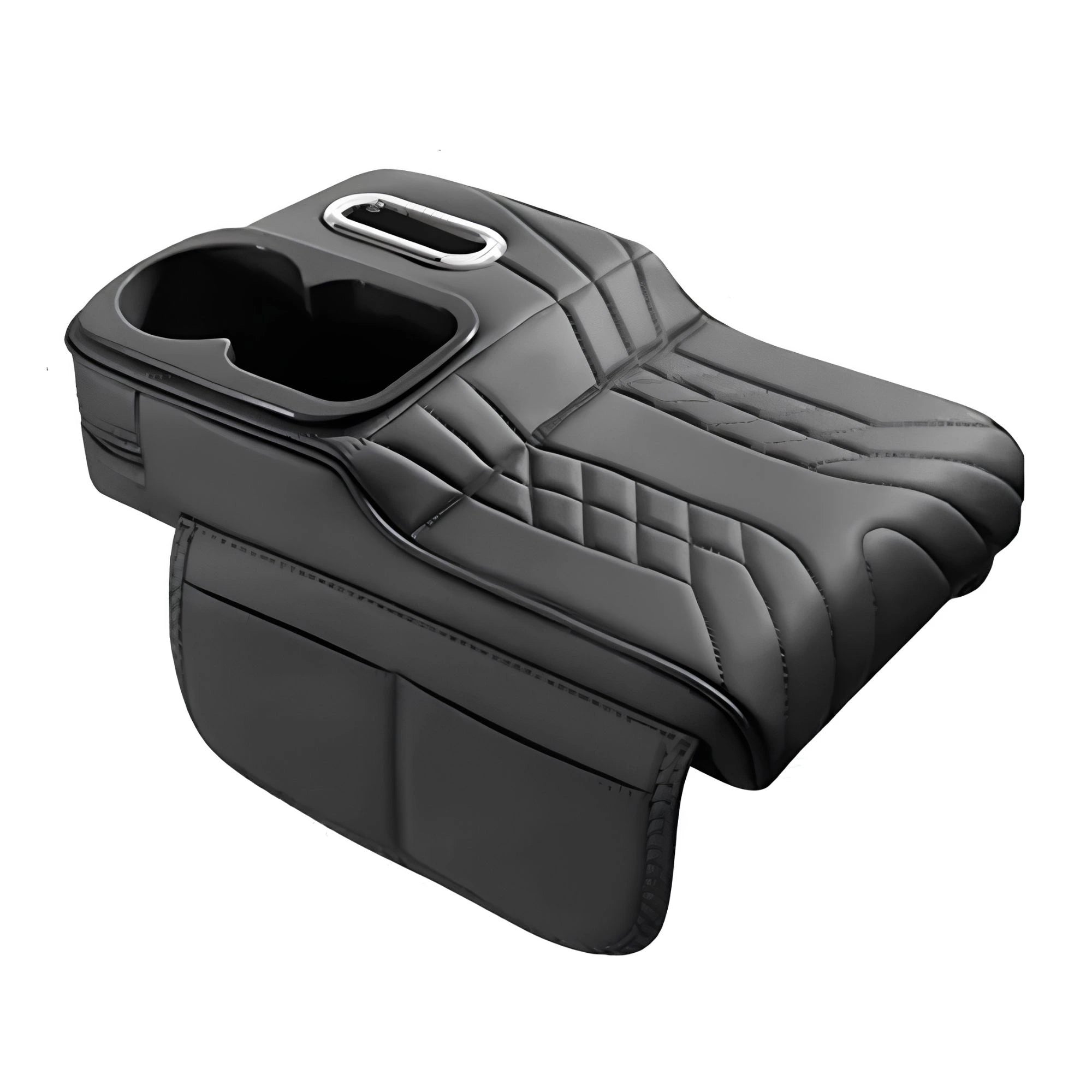 Black multifunctional car armrest cushion protector with built-in drink holder and tissue slot on a white background.