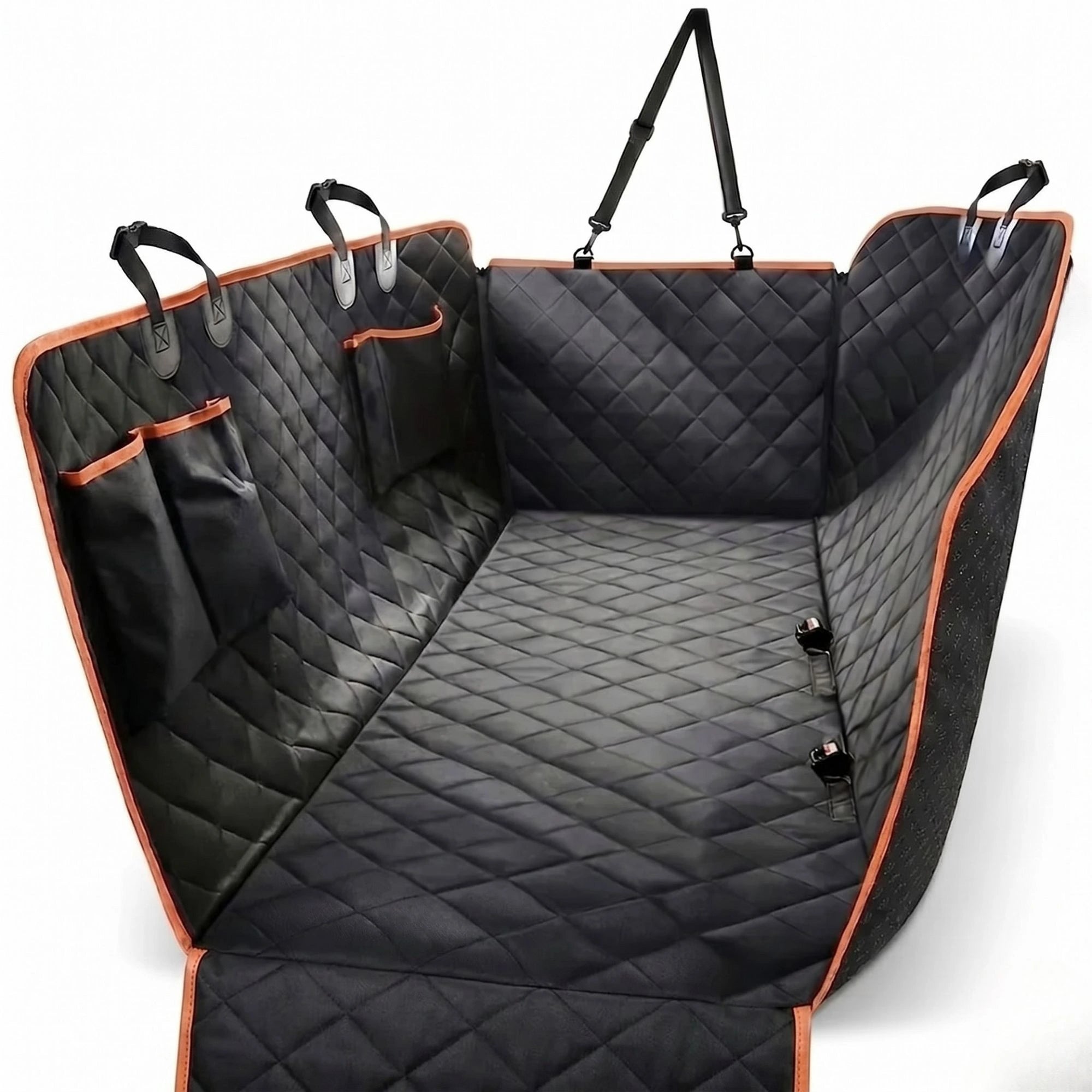 Front view of a black quilted dog car seat hammock with orange trim and integrated storage pockets on a white background.