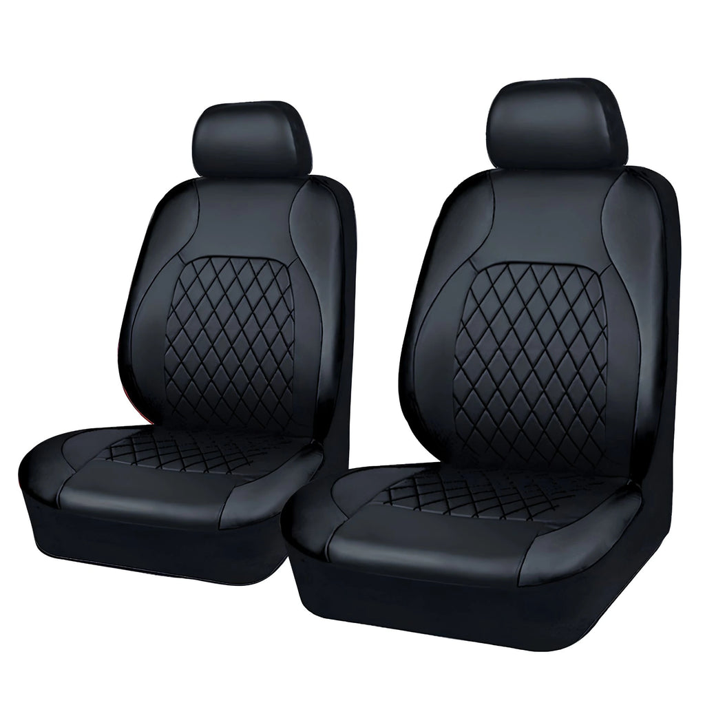 Front view of a pair of black quilted faux leather car seat covers on a white background.