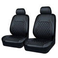 Front view of a pair of black quilted faux leather car seat covers on a white background.