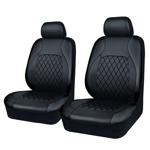 Front view of a pair of black quilted faux leather car seat covers on a white background.