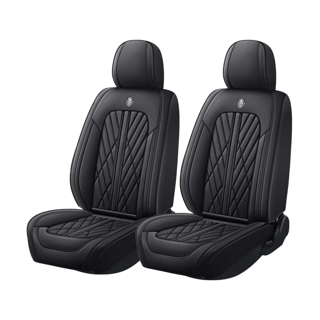 Black Nappa-feel leather Universal Leather Seat Cover shown as front pair on white background with diamond stitched backrest and embossed emblem
