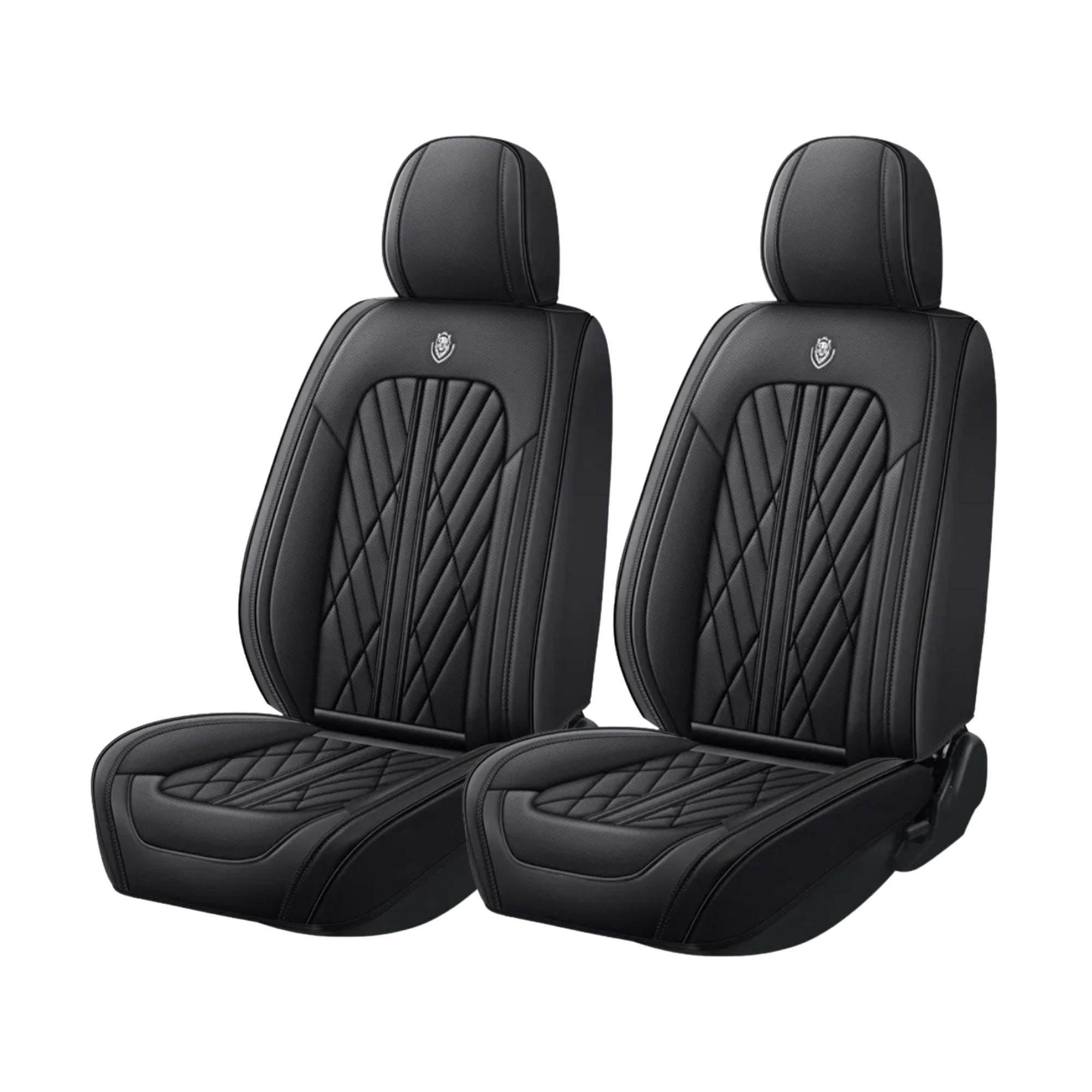 Black Nappa-feel leather Universal Leather Seat Cover shown as front pair on white background with diamond stitched backrest and embossed emblem