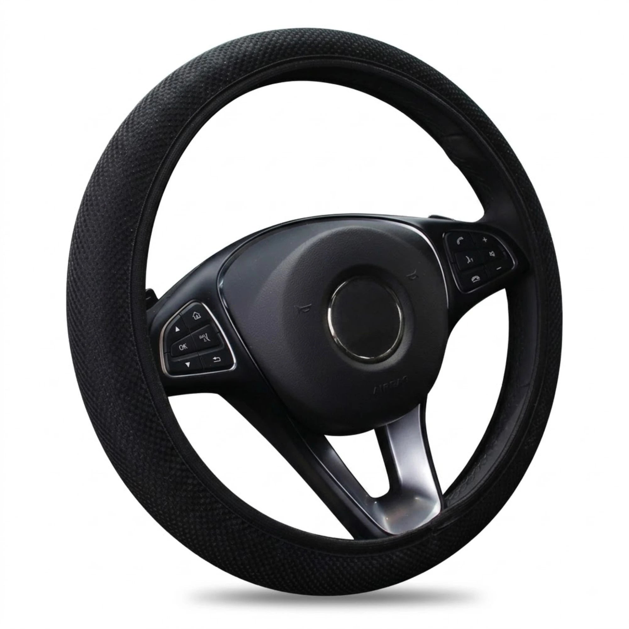 Black mesh steering wheel cover on a clean white background, universal fit for 14.5 to 15 inch steering wheels