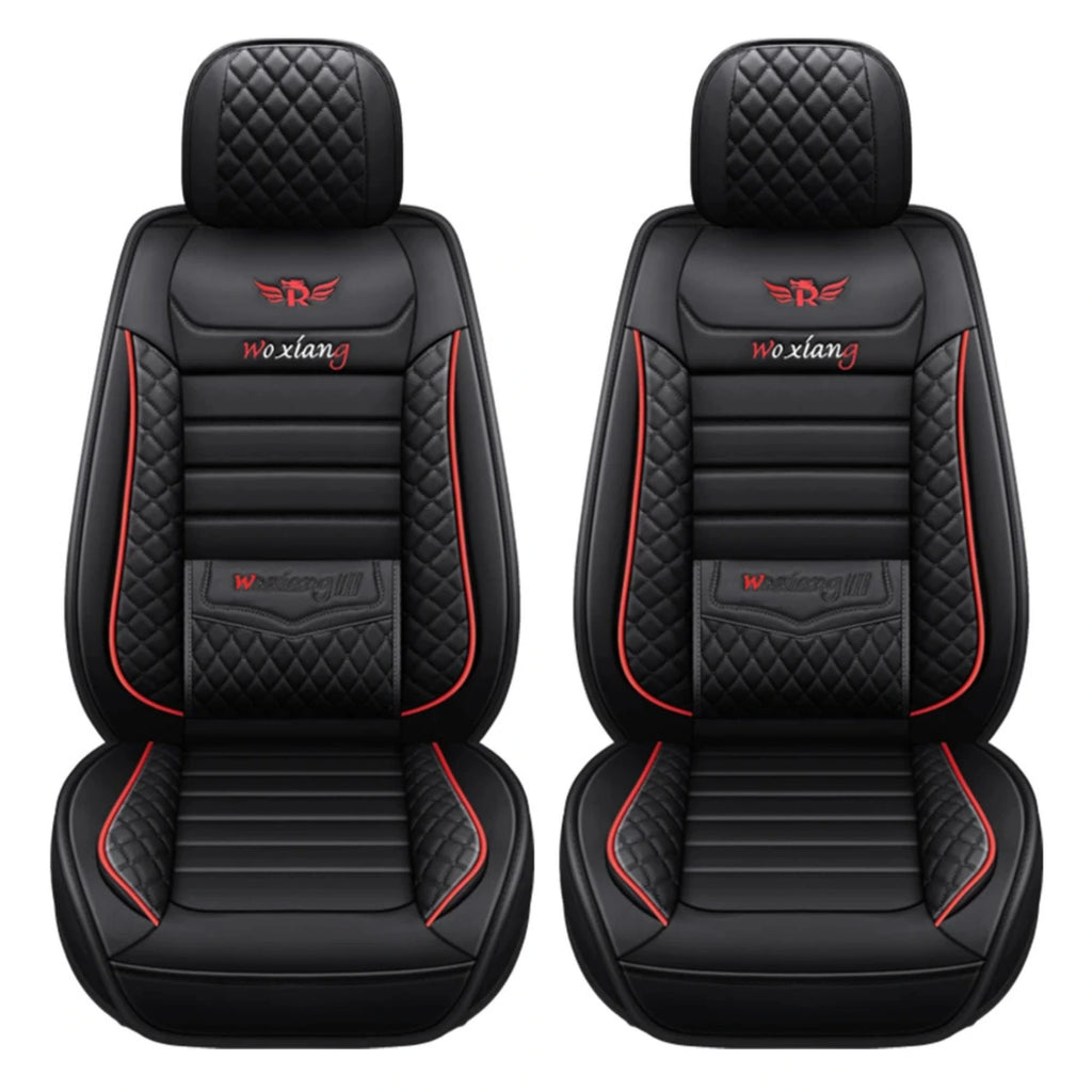 Black Premium Diamond Quilted Leather Car Seat Covers front pair on a clean white background