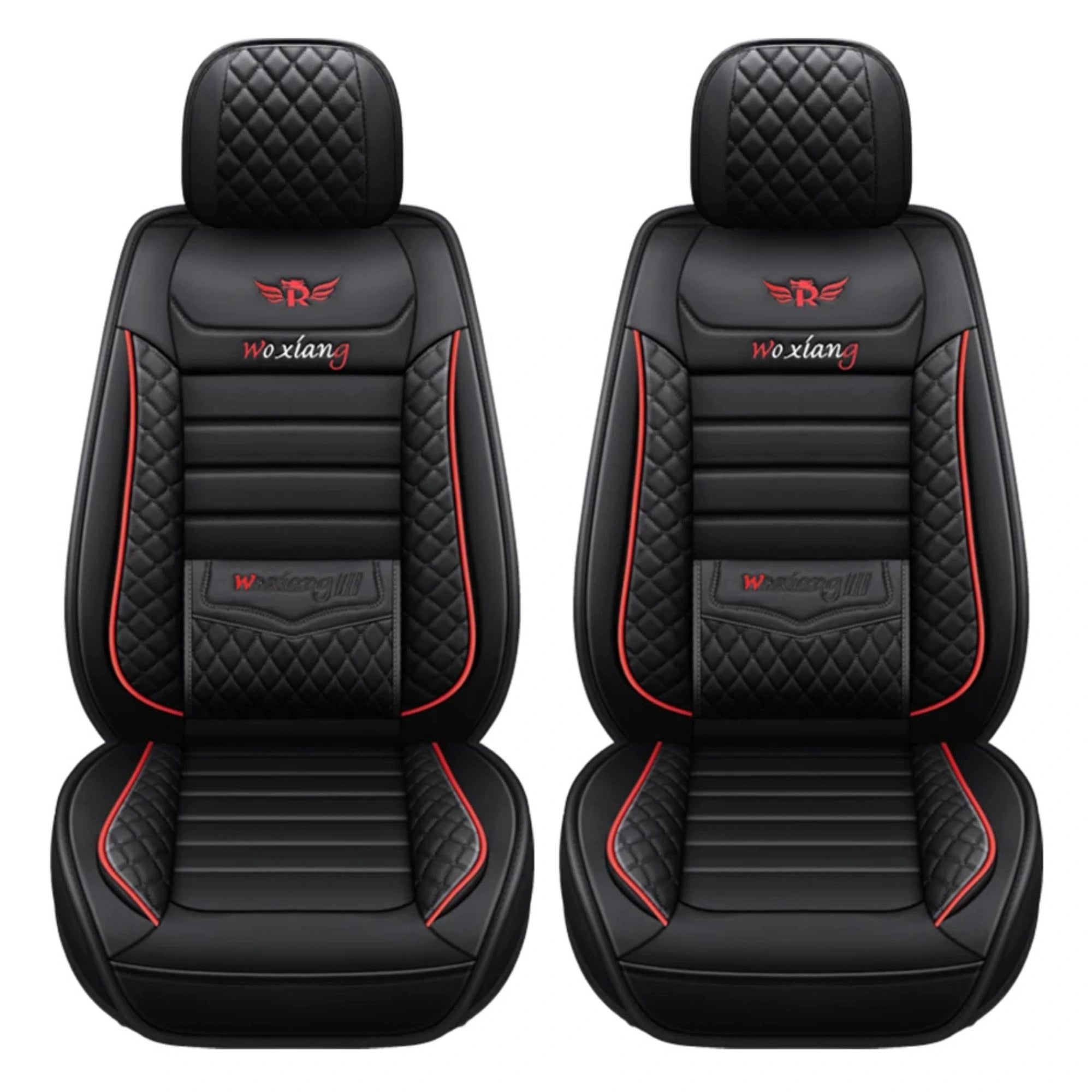 Black Premium Diamond Quilted Leather Car Seat Covers front pair on a clean white background