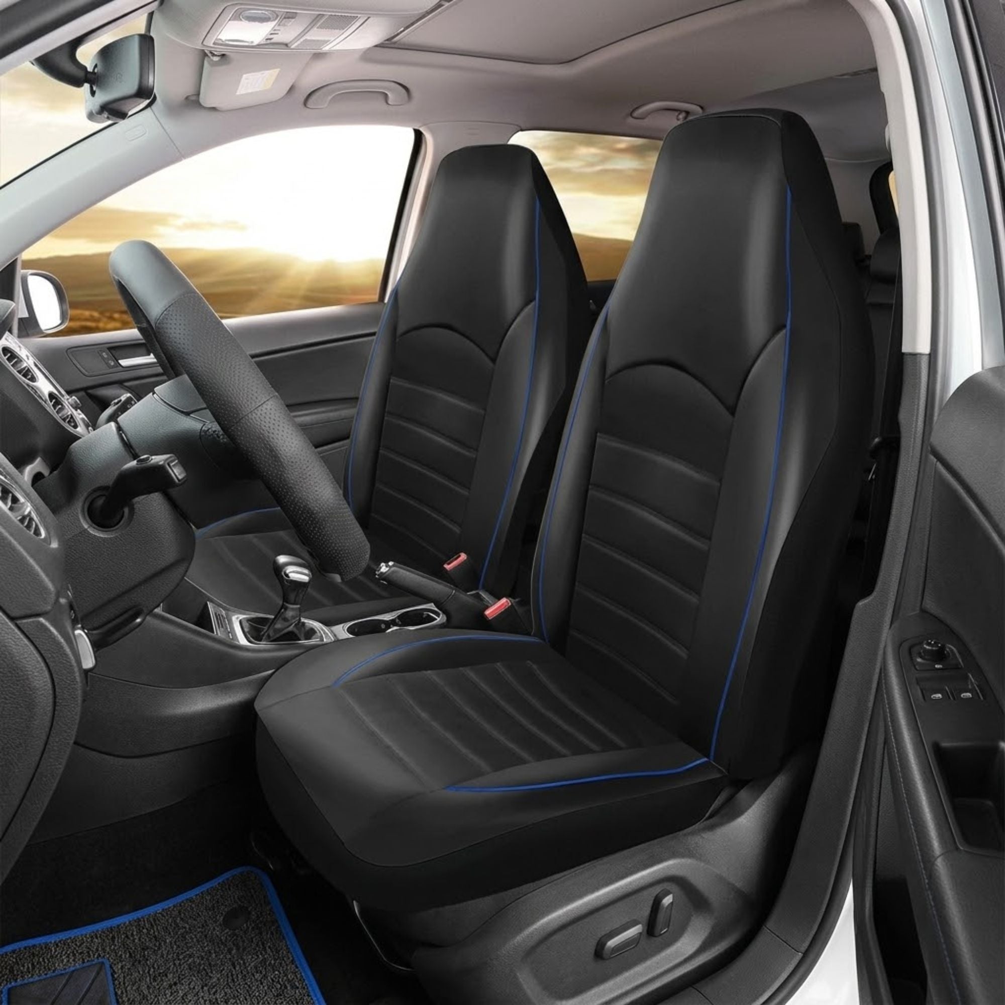 Black and blue Leather-Style Car Seat Covers fitted in a vehicle interior