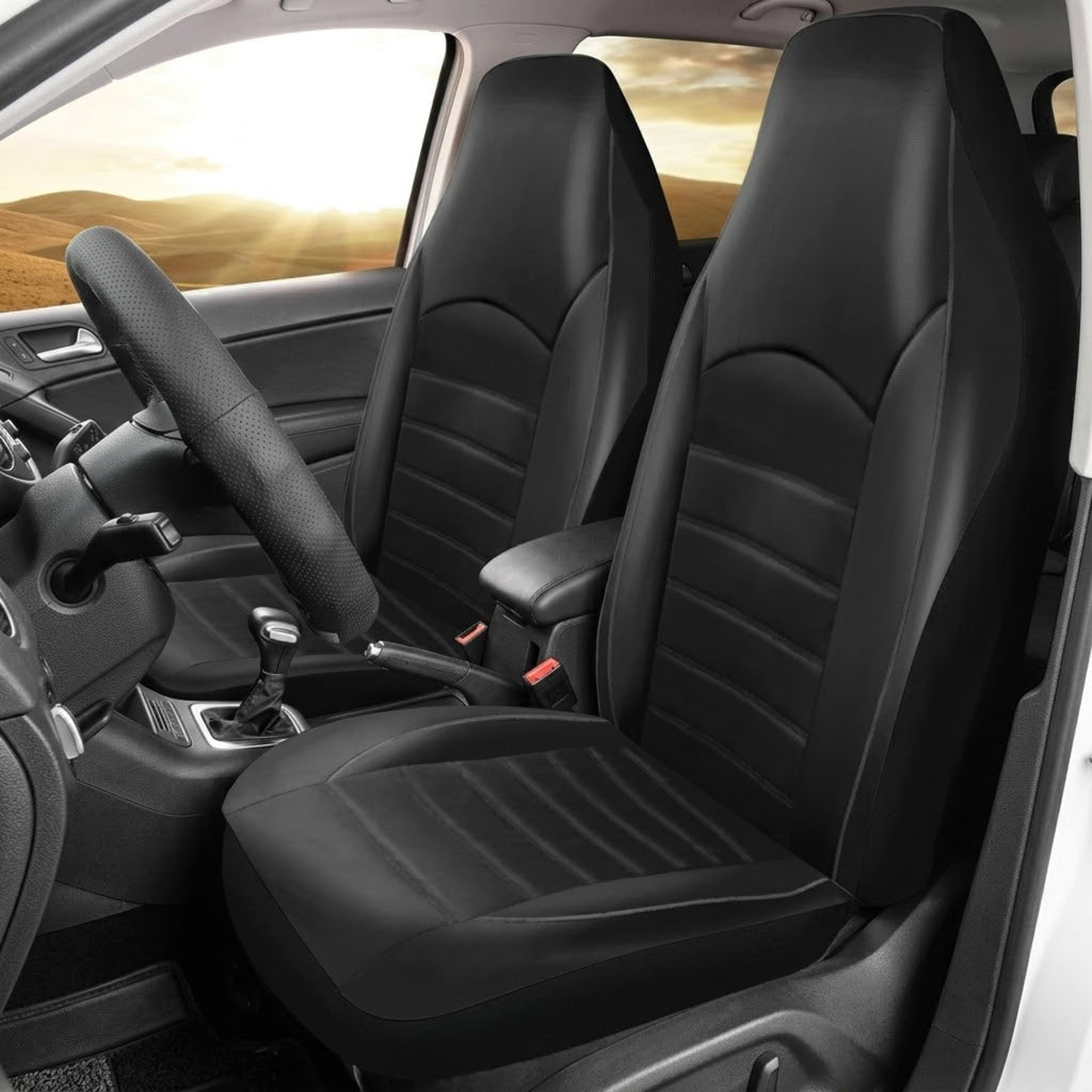 Black and grey Leather-Style Car Seat Covers fitted in a vehicle interior