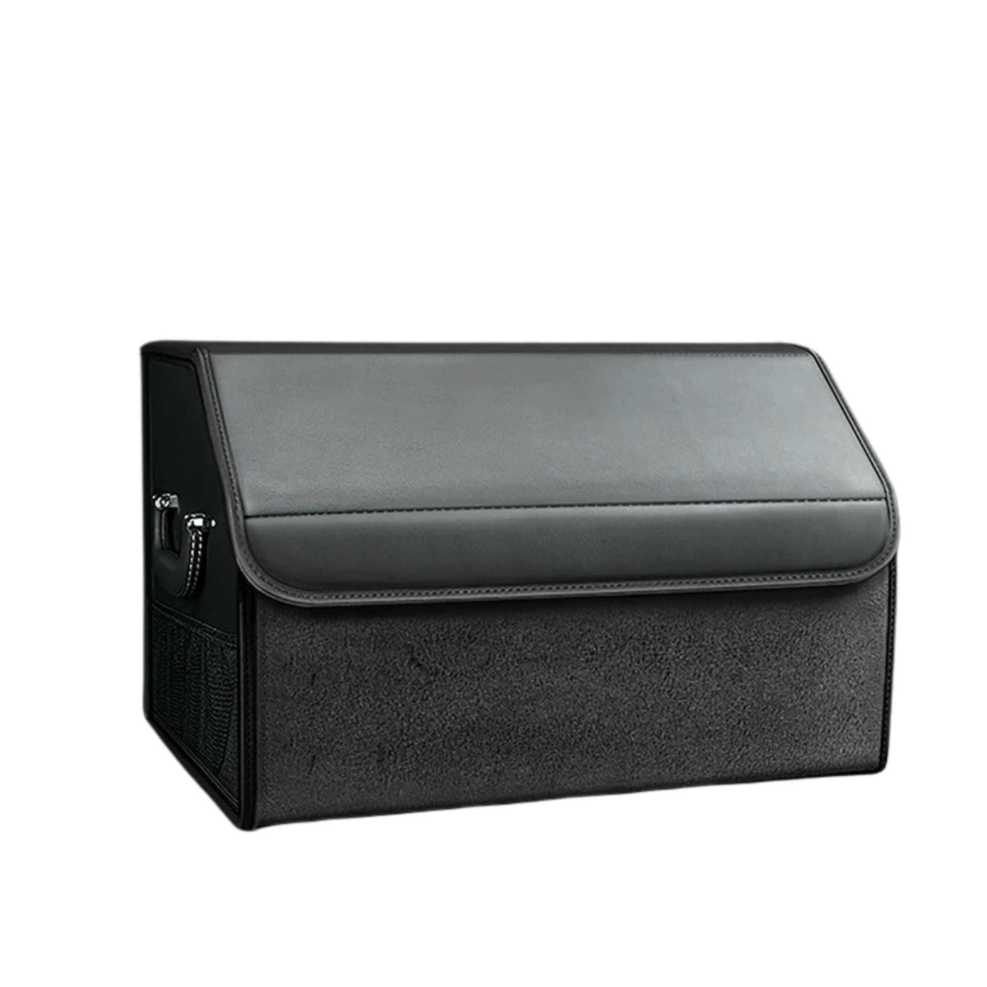 Black Suede Leather Boot Organiser with PU leather lid, medium size, shown on a white background